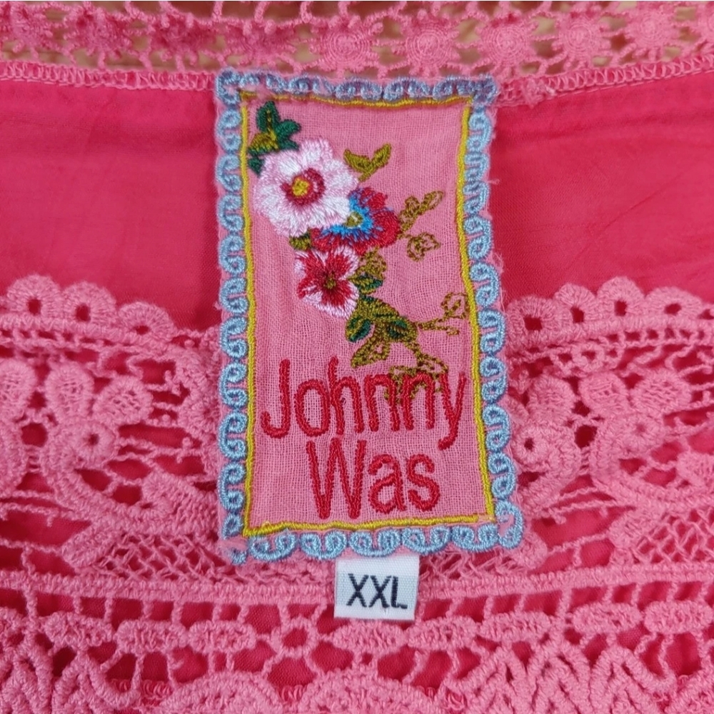 Johnny Was Boho Crochet Lace Georgette Top Woman XXL Crinkle Barbie Pink Coastal - Picture 11 of 15